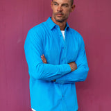 Corduroy Mens' Organic Cotton Shirt in Azure Blue with Neon Orange Trim
