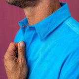 Corduroy Mens' Organic Cotton Shirt in Azure Blue with Neon Orange Trim