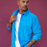 Corduroy Mens' Organic Cotton Shirt in Azure Blue with Neon Orange Trim