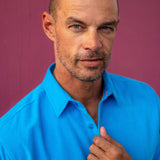 Corduroy Mens' Organic Cotton Shirt in Azure Blue with Neon Orange Trim