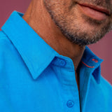 Corduroy Mens' Organic Cotton Shirt in Azure Blue with Neon Orange Trim