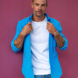 Corduroy Mens' Organic Cotton Shirt in Azure Blue with Bright Orange Trim